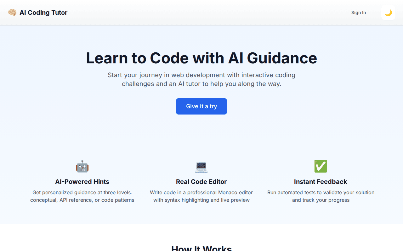 AI Coding Tutor landing page